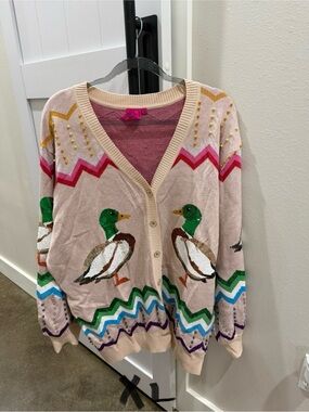QUEEN OF SPARKLES Pink Duck Motif Button Cardigan